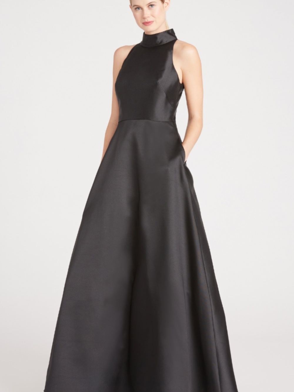 ML Monique Lhuillier Satin Mock Neck Evening Dress in Black, Sz 6